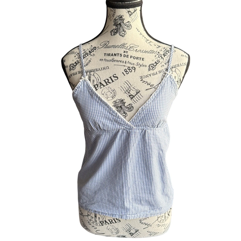 Blue White Gingham Crop Top Size S Spaghetti Strap Heart Neck Tie Back Y2K Cute